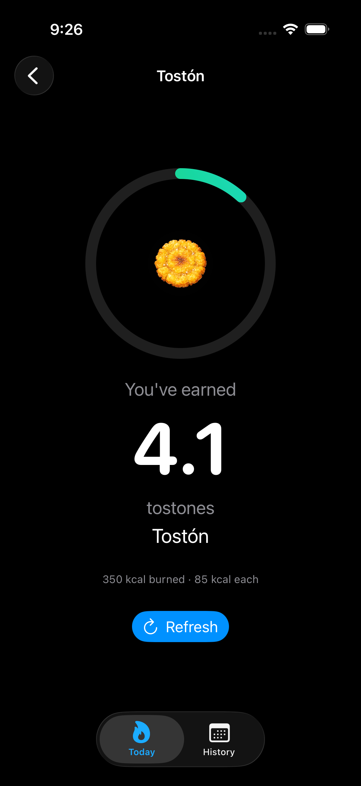 Tostón detail screen showing 4.1 tostones earned from 350 kcal burned