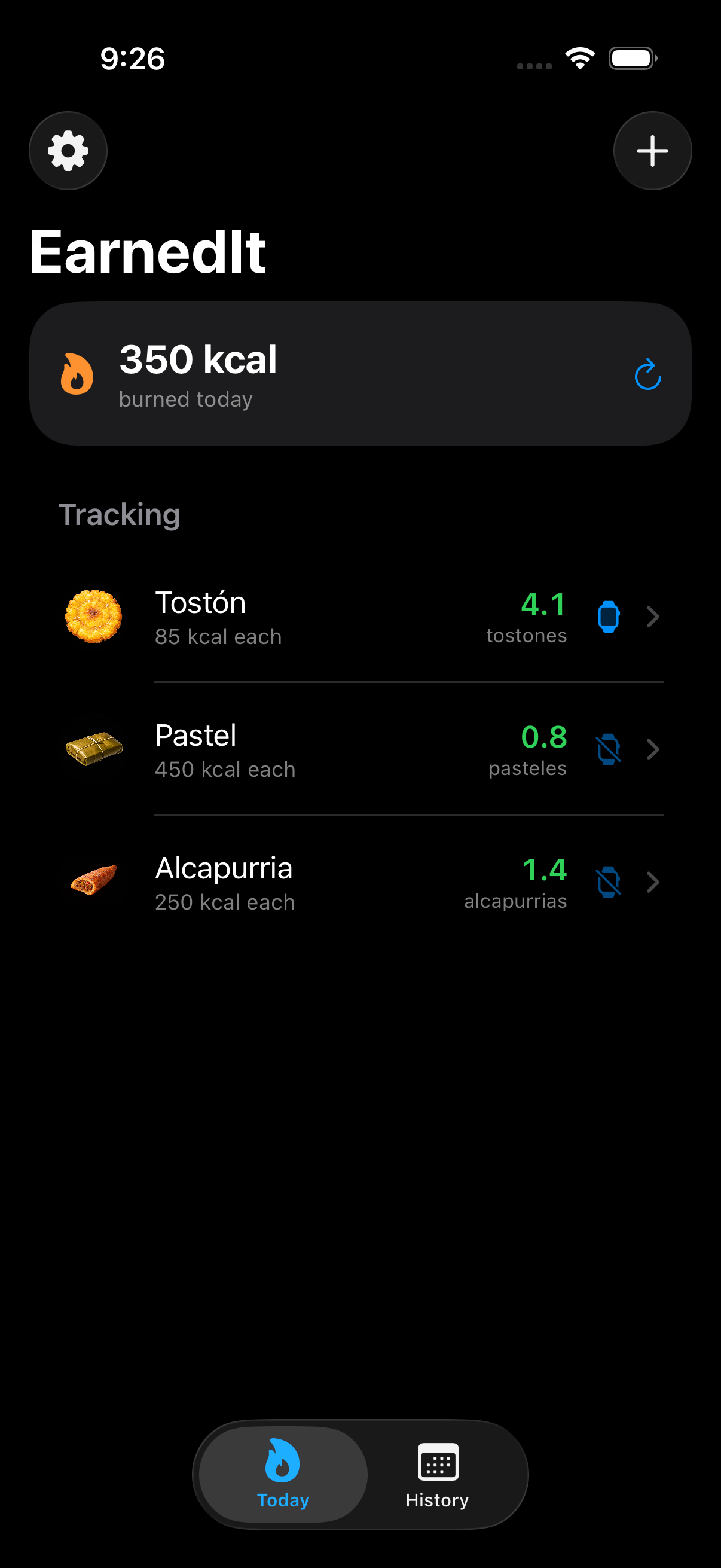 EarnedIt home screen on iPhone showing Tostón, Pastel, and Alcapurría with live earned counts